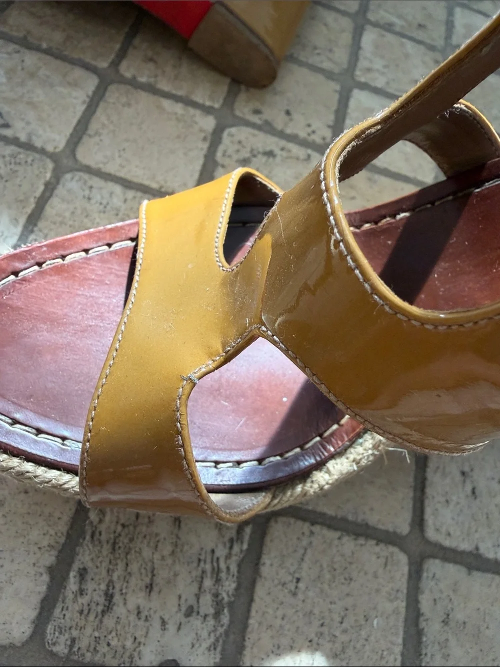 Christian Louboutin Tan Patent Leather Espadrille Wedge Sandals